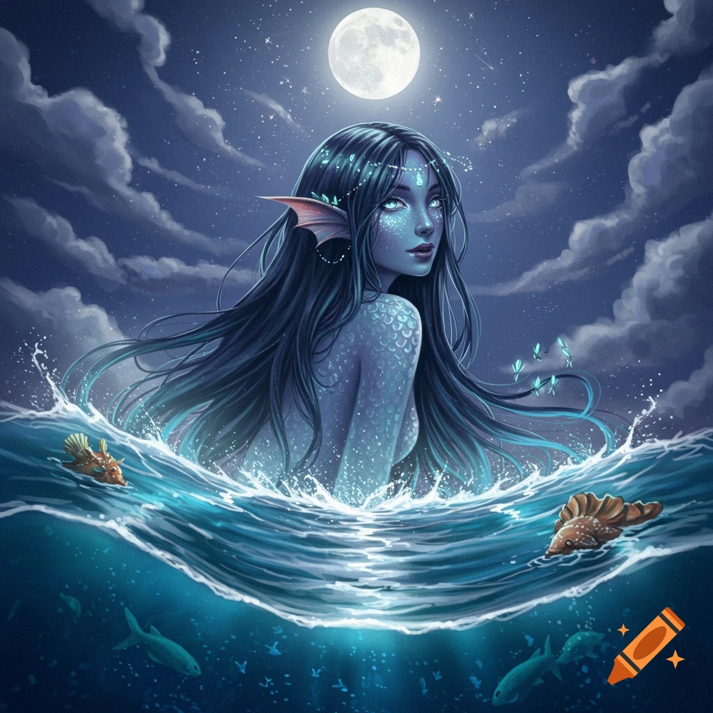 A mermaid with blue skin, long dark hair, and glowing eyes rises from a moonlit ocean. Stars and clouds fill the night sky above her.