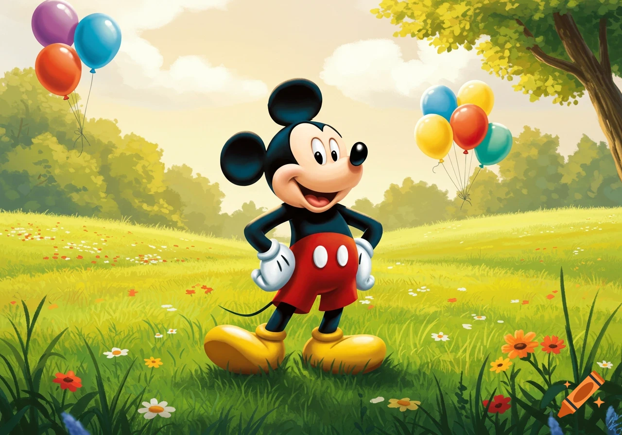Mickey Mouse smiling in a grassy field with colorful balloons and trees under a bright sky.