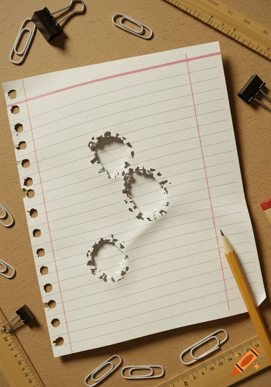 Overhead shot of lined notebook paper with three circular holes, surrounded by a pencil, rulers, paper clips, and binder clips on a brown surface.