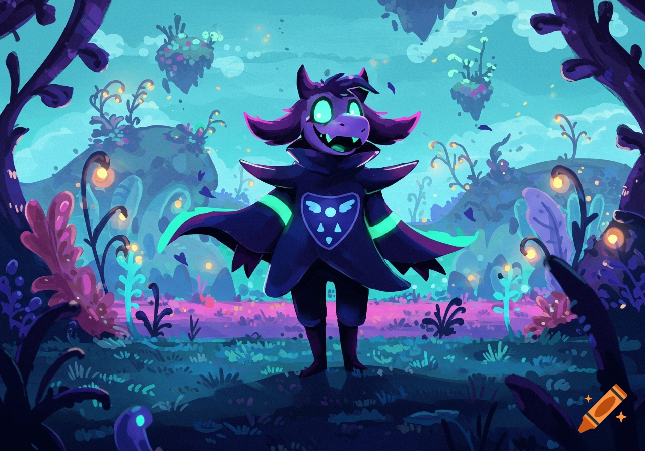 A cartoon monster character with purple fur and glowing green eyes, wearing a dark cape with a shield emblem, stands in a vibrant, bioluminescent fantasy forest.