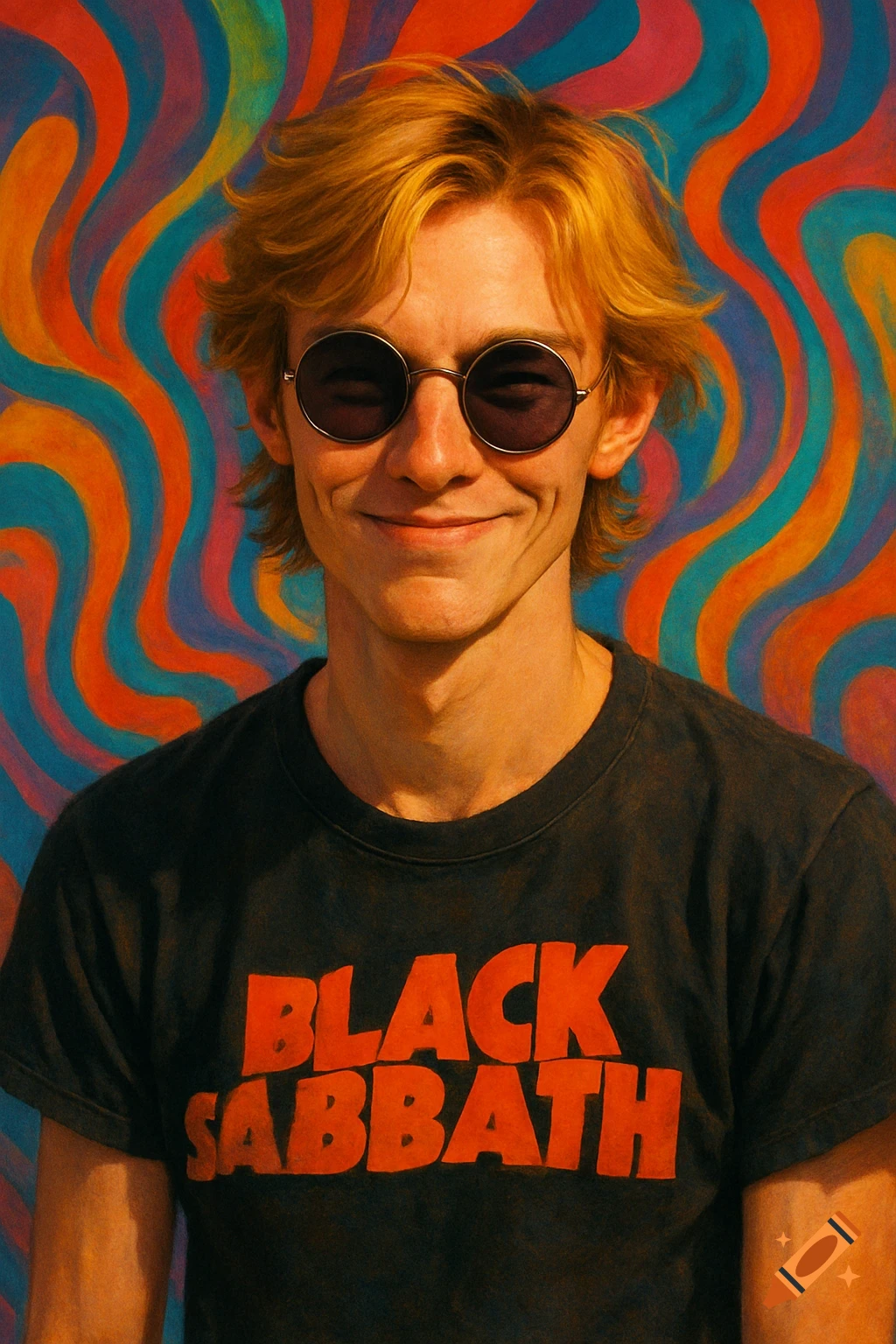 Blonde man in round sunglasses and a Black Sabbath shirt smiles against a colorful, wavy psychedelic background.
