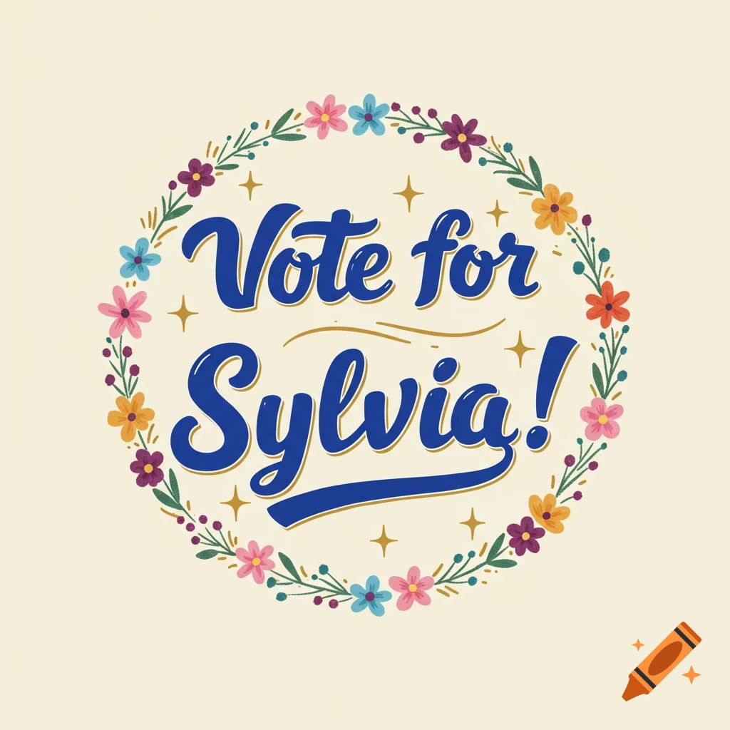A circular logo with a blue, hand-lettered text 'Vote for Sylvia!' surrounded by a colorful floral wreath on a cream background, in an illustrative style.