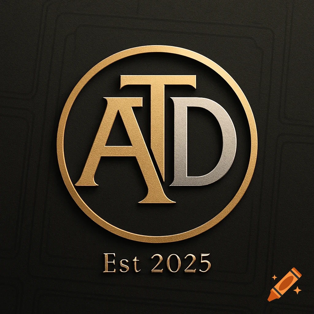 Golden and silver ATD monogram logo within a gold circle, with 'Est 2025' below, on a dark textured background.