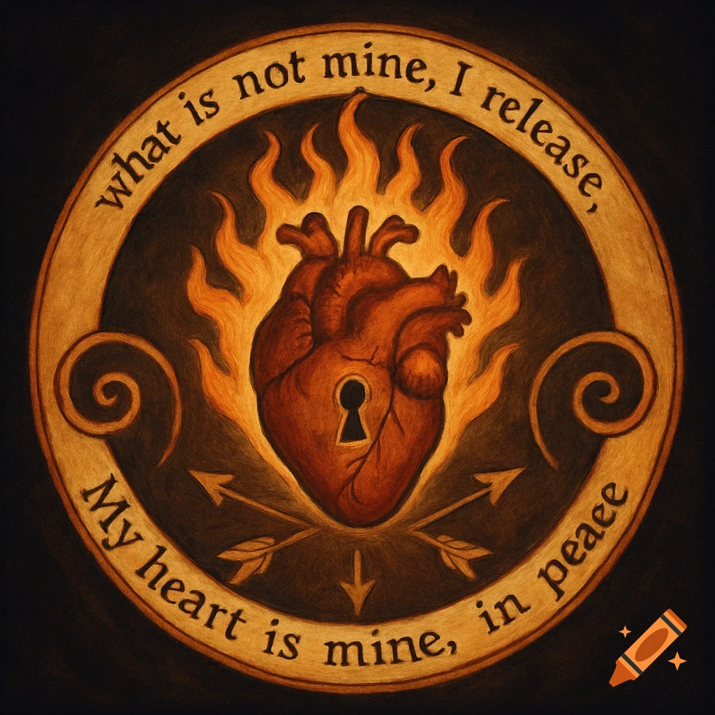 A circular illustration featuring an anatomical heart with a keyhole, surrounded by flames, arrows, and spirals. Text reads: 'what is not mine, I release, My heart is mine, in peace.'