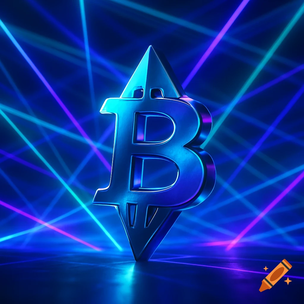 A metallic blue and purple stylized 'B' cryptocurrency logo stands on a reflective surface amidst intersecting neon laser beams in blue, purple, and green.