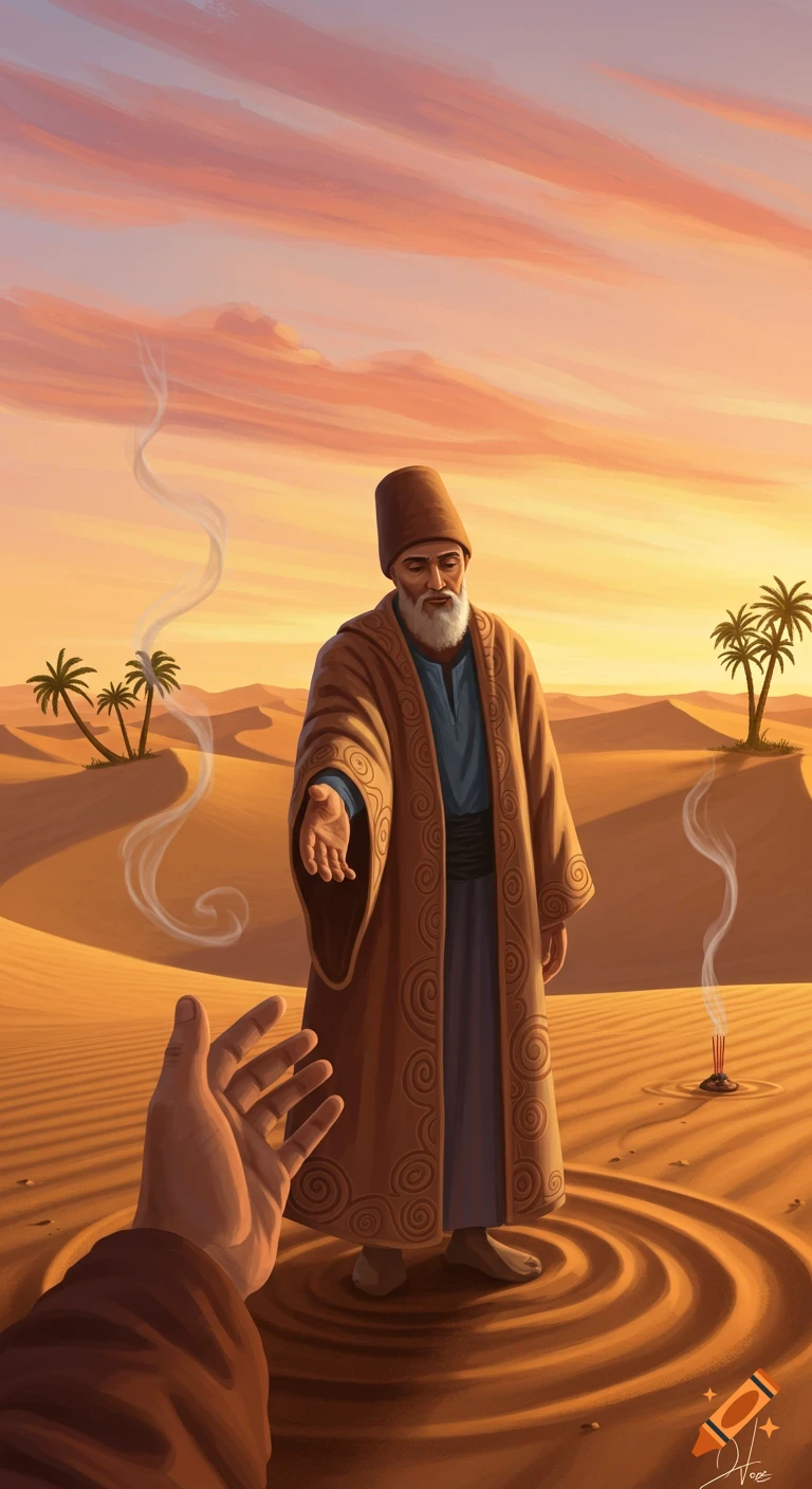 An old Sufi man with a white beard extends his hand in a desert at sunset, digital painting.