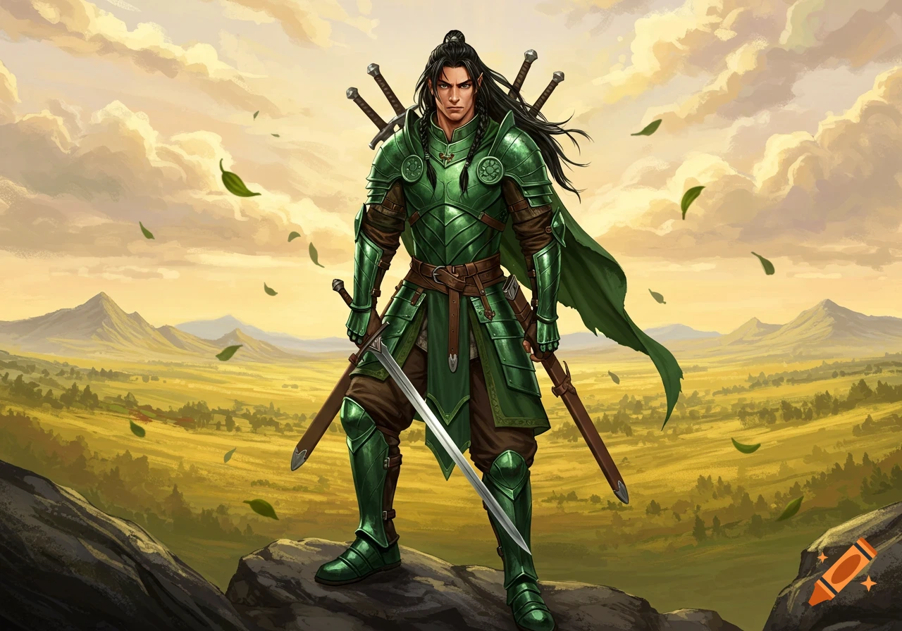 A long-haired warrior in green armor, wielding a sword, stands on a rocky outcrop overlooking a vast golden landscape under a cloudy sky.
