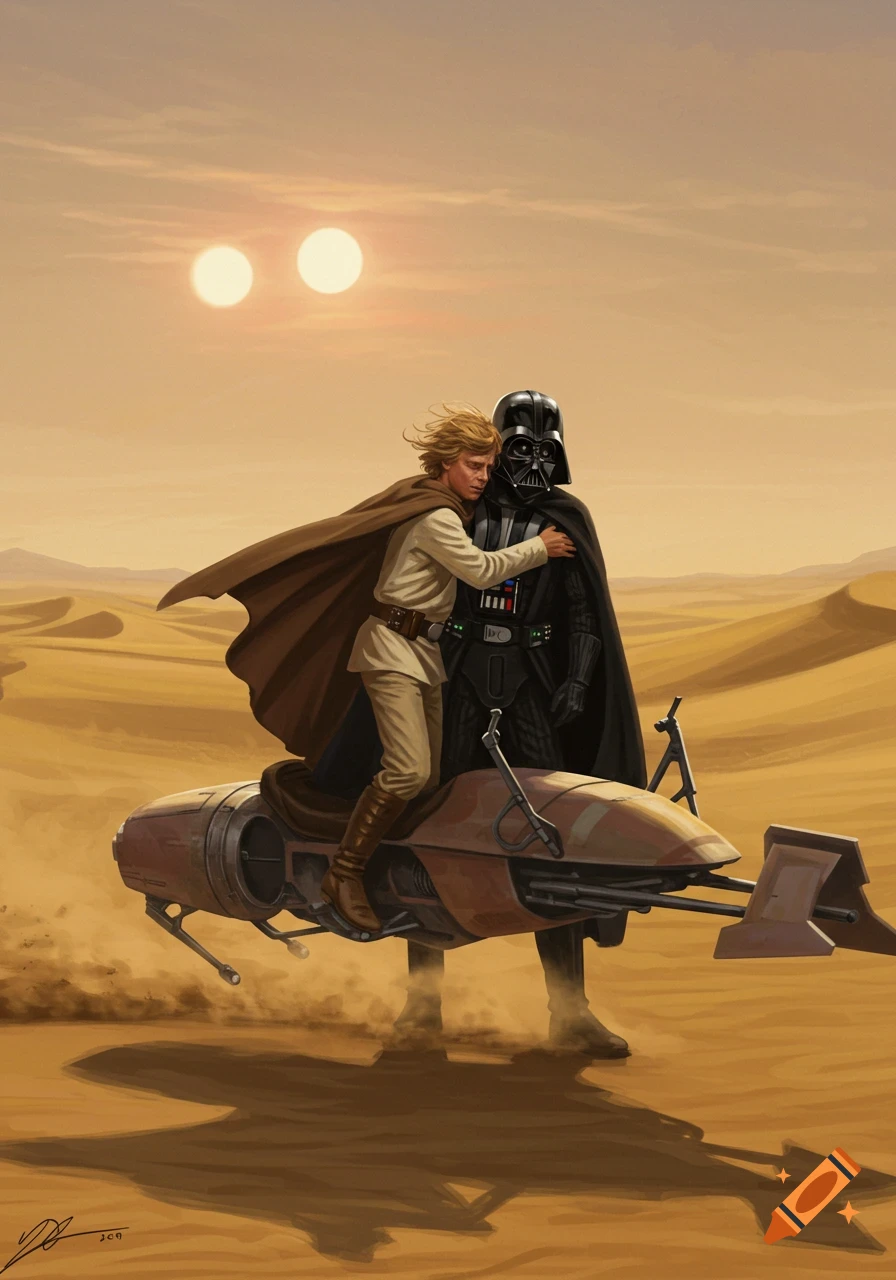 Luke Skywalker hugs Darth Vader on a speeder bike in a desert with two suns, in a detailed illustration.