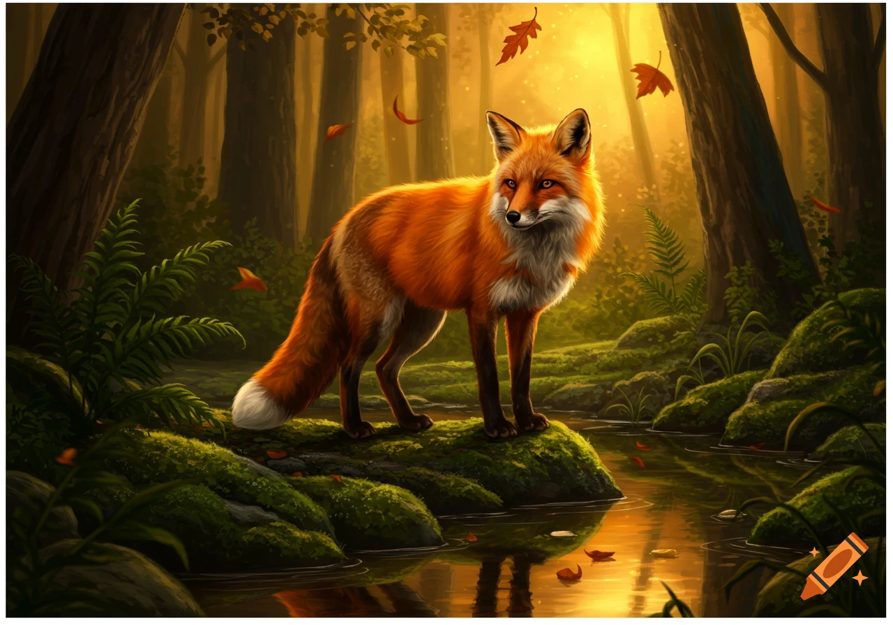 A vibrant orange fox stands on mossy rocks beside a stream in a sunlit forest, with autumn leaves falling.