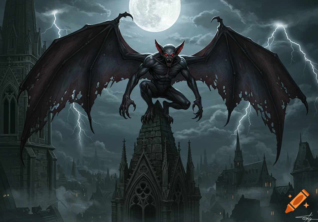 A monstrous bat-like vampire demon with glowing red eyes and large tattered wings perched on a gothic spire under a full moon and lightning over a dark, misty city. Stylized digital art.