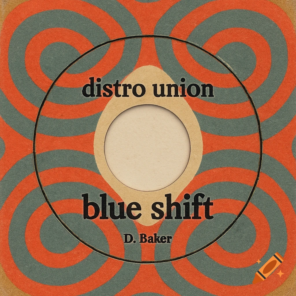 Vintage LP record label with orange and grey-blue concentric circles, text reads 'distro union blue shift D. Baker'.