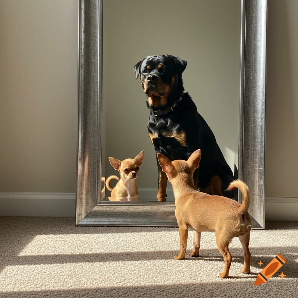 A small chihuahua looks into a mirror, its reflection showing a large rottweiler instead.