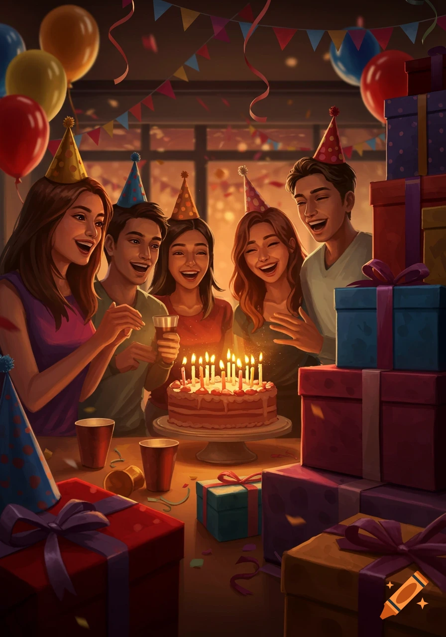 A group of smiling friends wearing party hats gathered around a birthday cake with lit candles, surrounded by gifts and balloons in a vibrant illustration style.