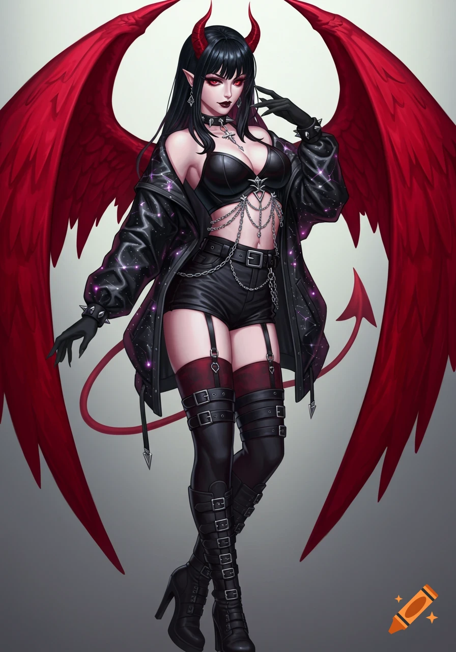 Anime demon woman with red horns, large red wings, and a tail, dressed in black leather and chains.