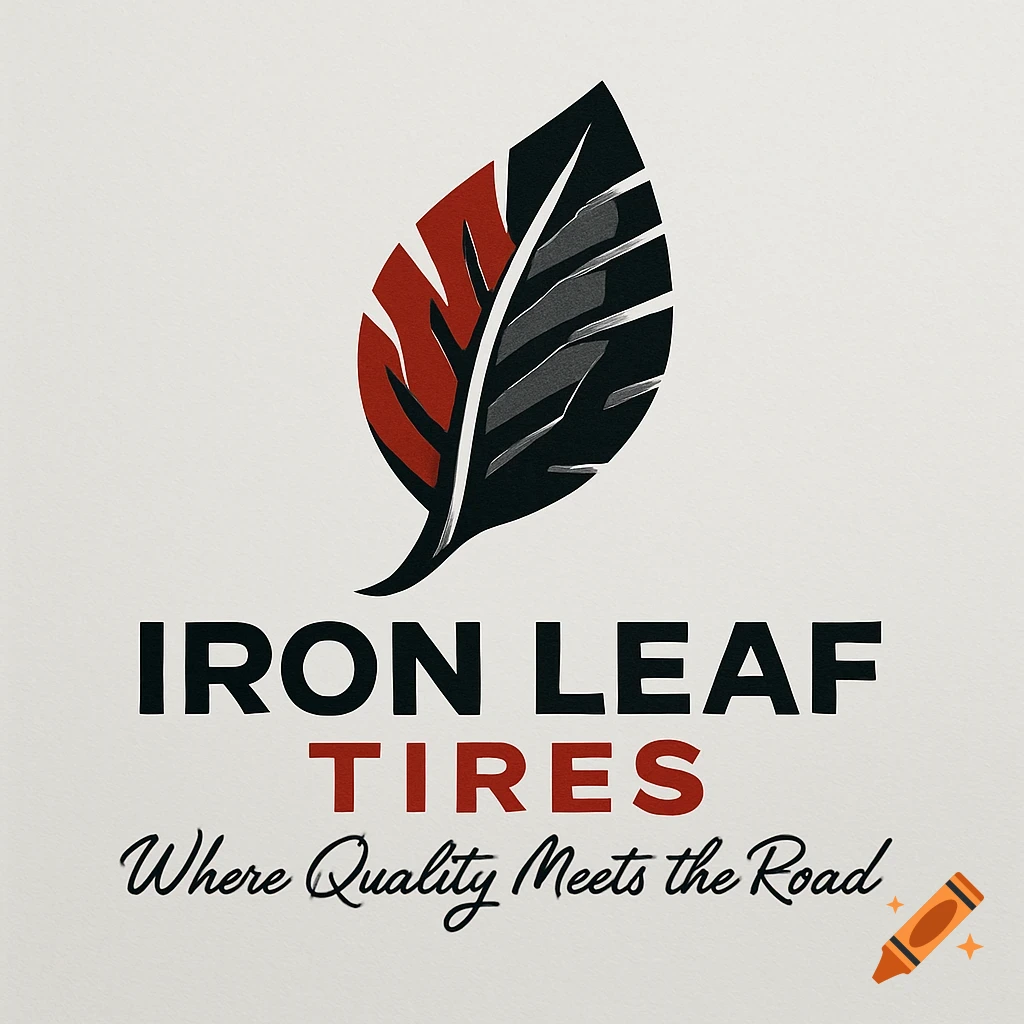 Modern logo for Iron Leaf Tires: a stylized red and black leaf above 'IRON LEAF TIRES' and slogan 'Where Quality Meets the Road'.