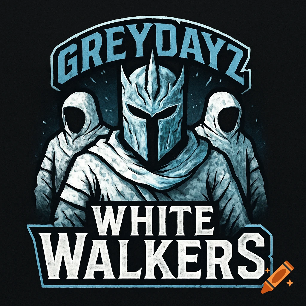 A stylized logo featuring a central figure in a spartan-like helmet and cloaked shoulders, flanked by two hooded figures. Text above reads "GREYDAYZ" and below reads "WHITE WALKERS", all in a blue and white distressed style on a dark background.