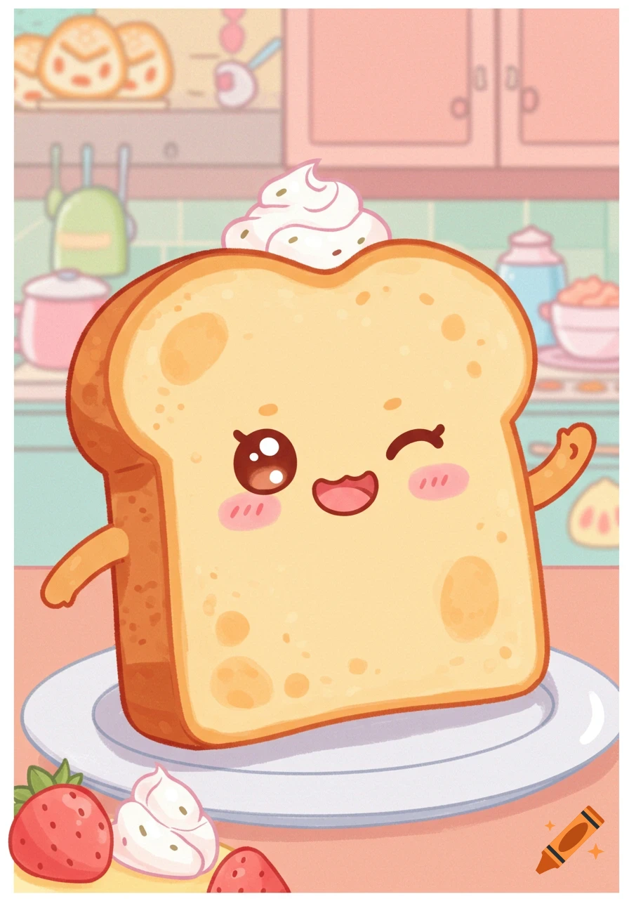 A cute, smiling slice of toast with whipped cream on its head, winking on a plate in a pastel kitchen.