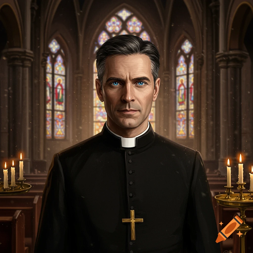 A handsome Caucasian man in his mid-40s with blue eyes and black hair, dressed as a Catholic priest, stands in a church.