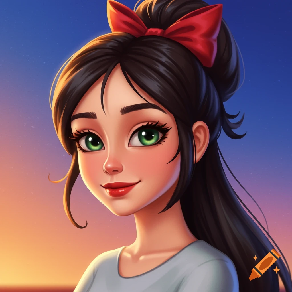 Stylized digital illustration of a young woman with dark hair, green eyes, and a red bow, smiling against a sunset background.