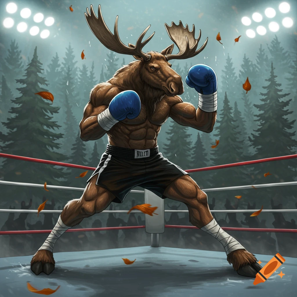 A muscular moose in blue boxing gloves and black shorts stands in a boxing ring in a forest under stadium lights, with falling leaves.