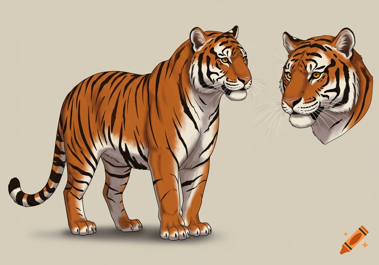 Illustration of a full-body tiger standing and a separate tiger headshot with orange, white, and black stripes on a plain background.
