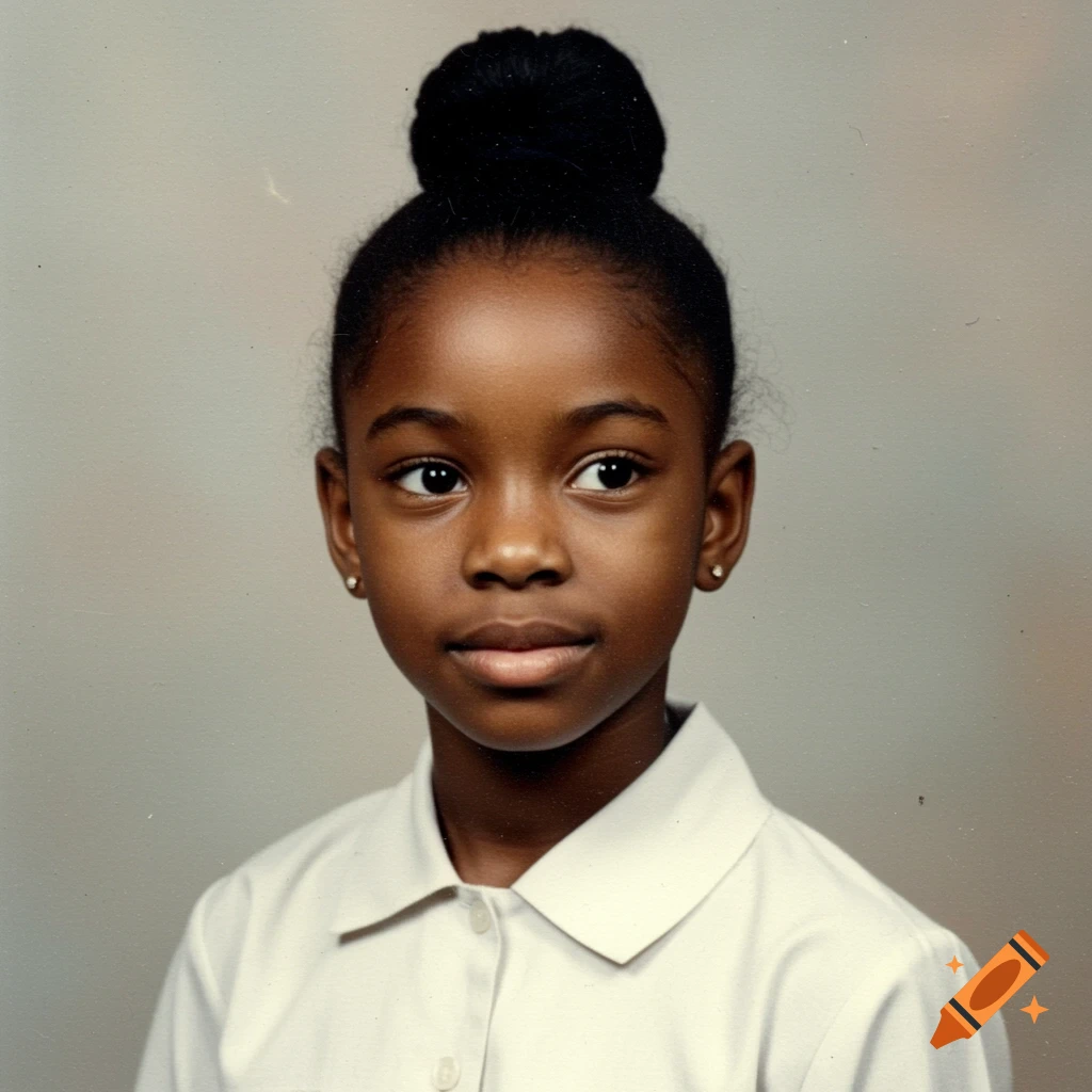 A black little girl with her hair in a bun, wearing a light-colored collared shirt, poses for a 1990s-style school yearbook portrait.