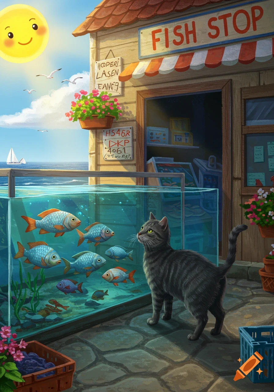 A cartoon tabby cat gazes at fish in a large outdoor aquarium, set against a charming "FISH STOP" by the sunny sea.