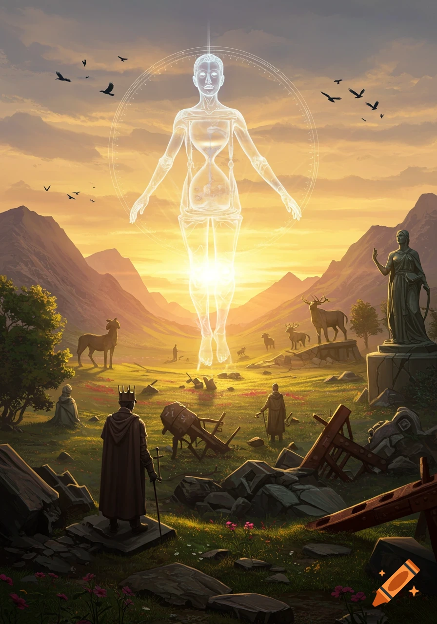 Glowing hourglass figure floats above a king in a ruined valley at sunset, with deer and mountains in a fantasy landscape.