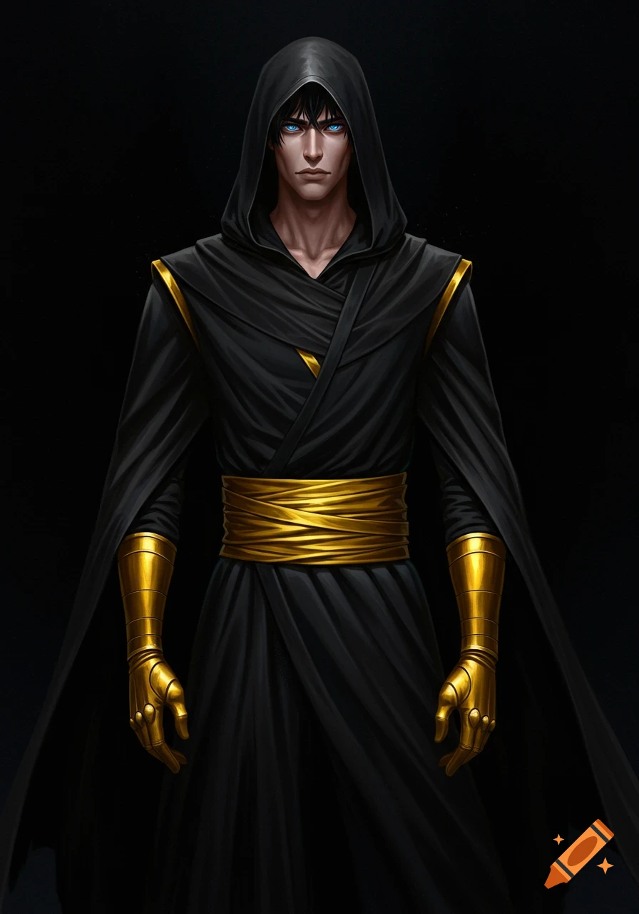 A handsome young man with bright blue eyes in a black hooded robe with gold trim, gold gloves, and a gold sash stands in darkness. Illustration.