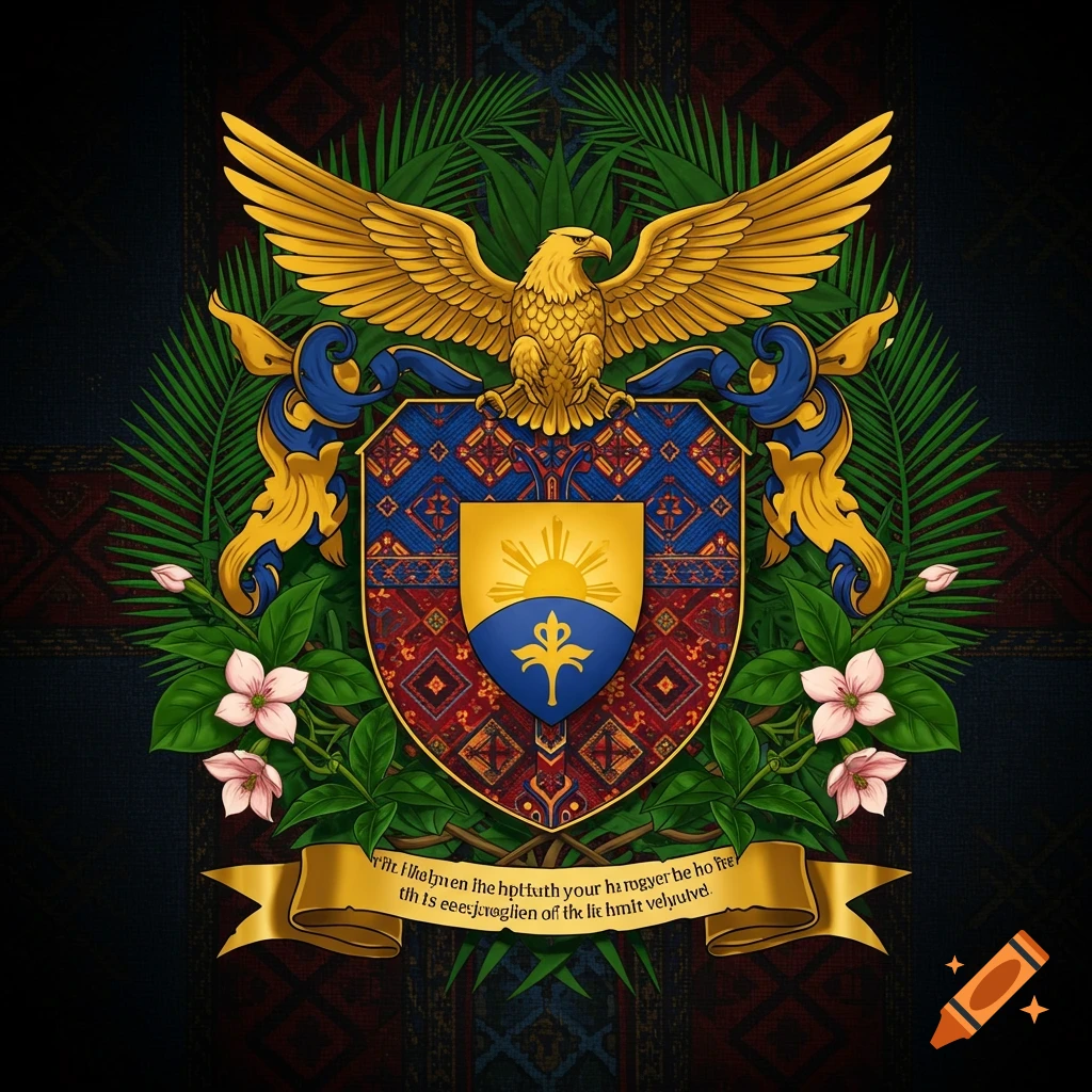 A detailed, colorful family crest with a golden eagle, shield featuring a sun and fleur-de-lis, surrounded by green leaves and pink flowers.
