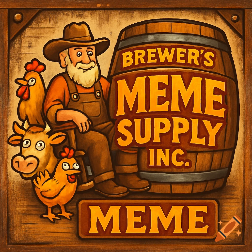 A cartoon style logo in a wooden frame featuring a smiling farmer with a white beard, a cow, and two chickens next to a barrel labeled 'Brewer's Meme Supply Inc.' A sign below reads 'MEME'.