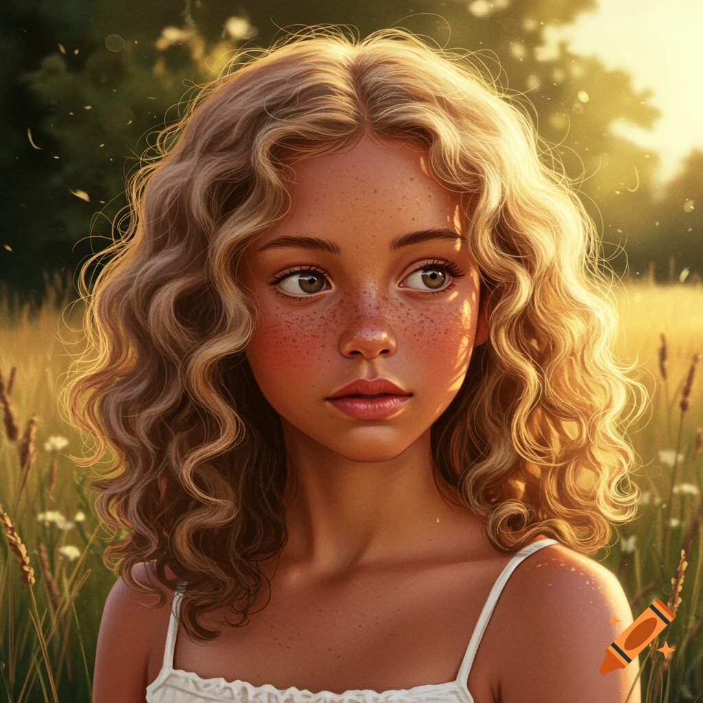 A close-up, photorealistic portrait of a young girl with curly blonde hair and freckles, looking to the side in a sunny field.