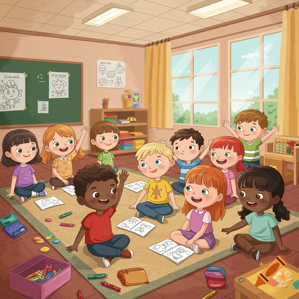 A cartoon illustration shows a diverse group of young children sitting on a rug in a sunny classroom, some raising their hands, with coloring pages and crayons.