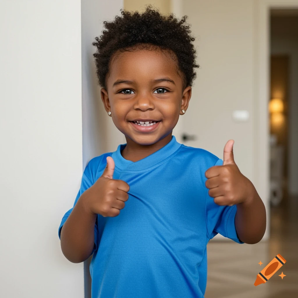 A smiling young boy with dark curly hair and green eyes, wearing a blue shirt, giving two thumbs up.