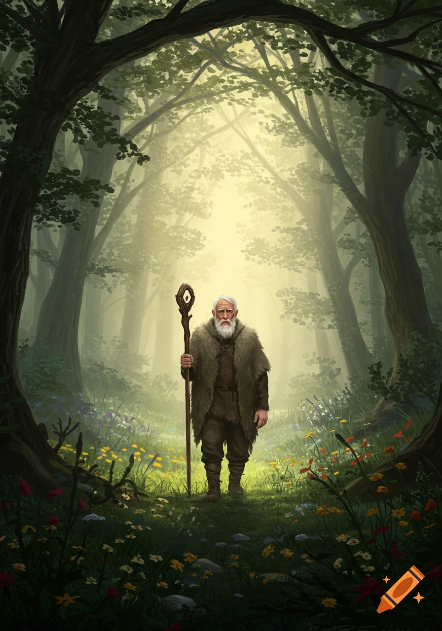 An old man with a white beard, wearing a fur cloak and holding a staff, stands in a mystical, foggy forest with light.