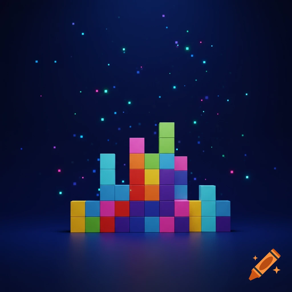 A stack of colorful Tetris-like blocks on a dark blue surface, with glowing pixels in the background.