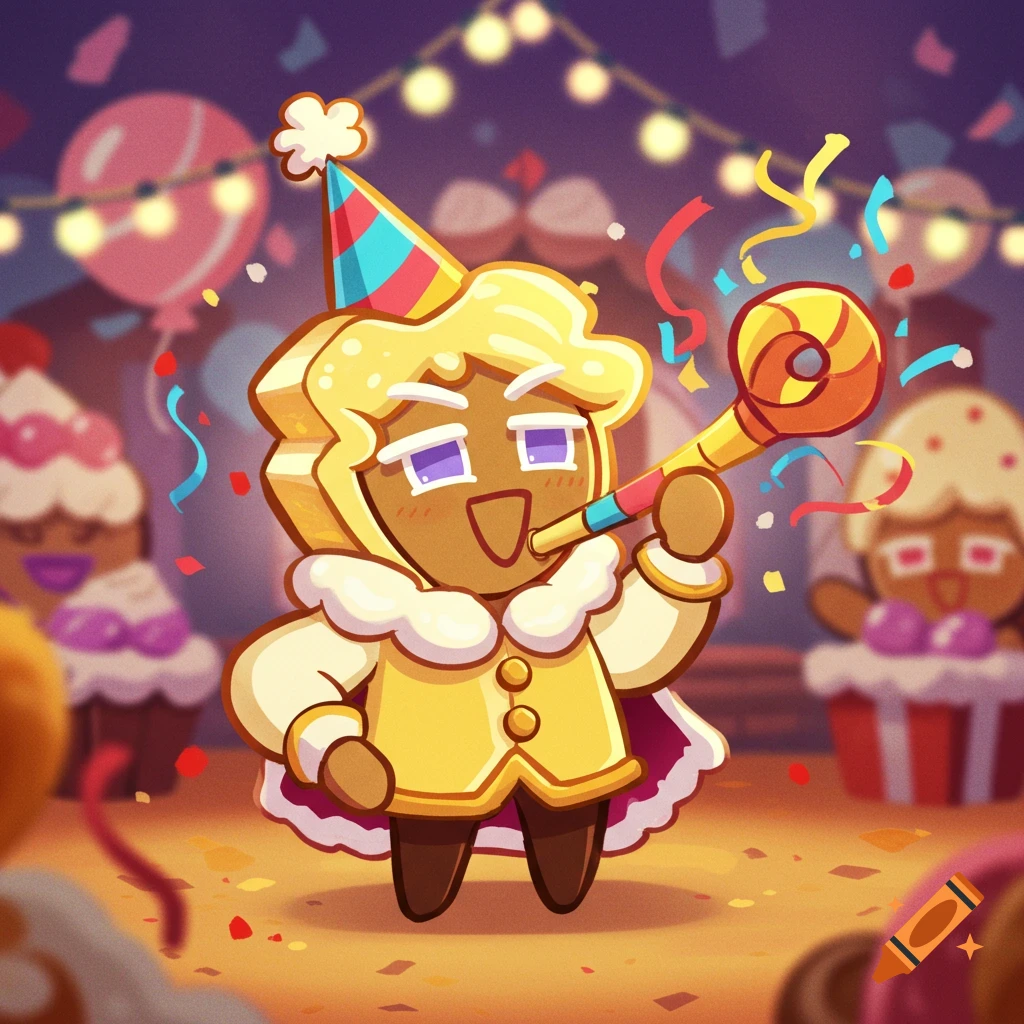 Cartoon character Royal Margarine Cookie in a party hat blowing a horn, with confetti and cupcakes at a celebration.