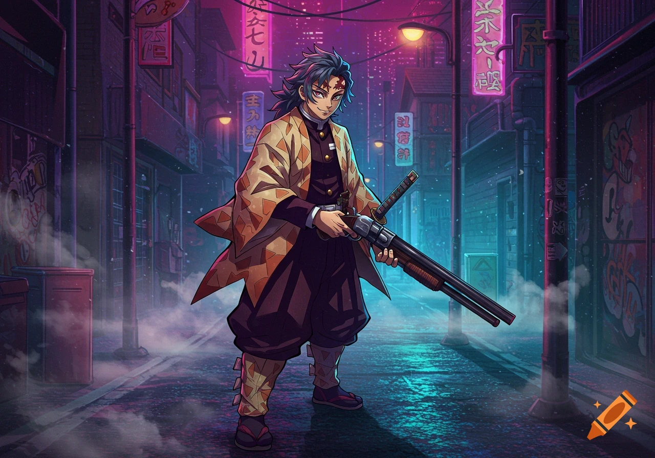 An anime character, Genya from Demon Slayer, holds a shotgun in a neon-lit cyberpunk street with Japanese signs.