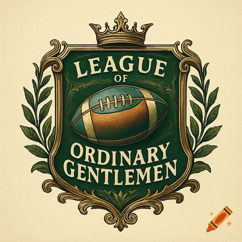 A vintage green and gold heraldic crest logo with a crown, a football, and the text "League of Ordinary Gentlemen".