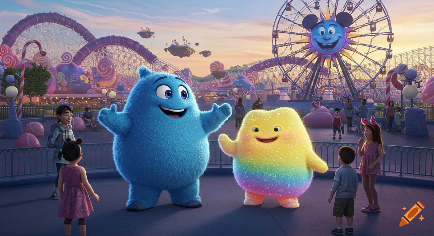 Two fluffy cartoon characters, one blue and one rainbow, greet children in a colorful theme park with a large Ferris wheel.