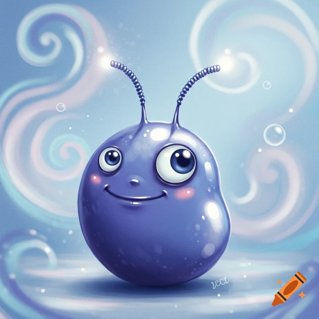 A cute, round, purple cartoon creature with big blue eyes, a smile, and glowing antennae, on a light blue swirling background with bubbles.