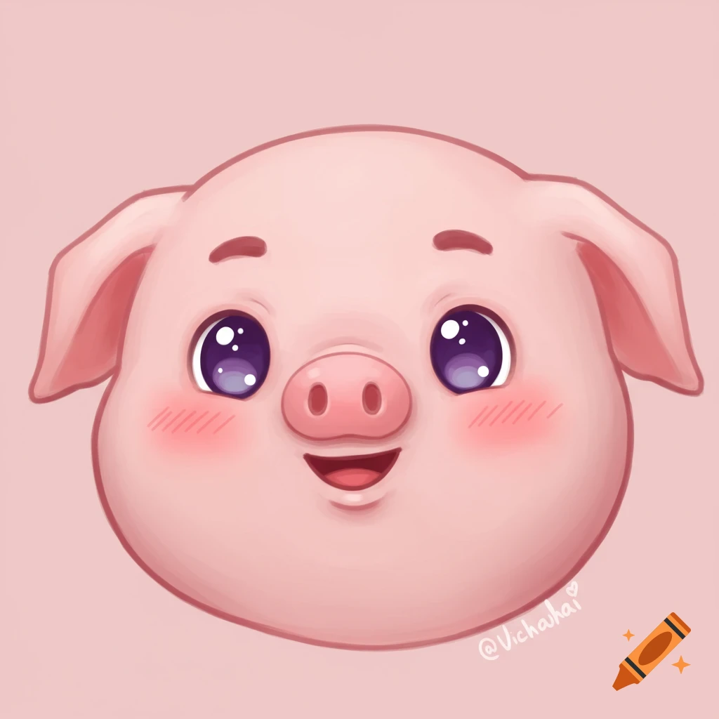 A cute, smiling chibi-style pig head with big sparkling eyes and blushing cheeks on a pastel pink background.