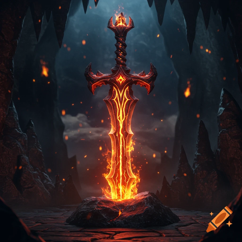 An ornate, dark fantasy sword glowing intensely with fire, standing upright on a rock in a dark, cavernous setting.