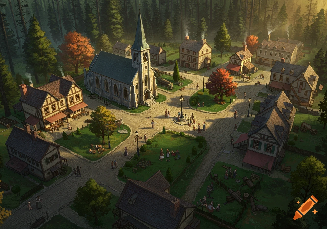 An aerial illustration of a 19th-century village with a prominent church, central park, and houses, surrounded by dense forest.