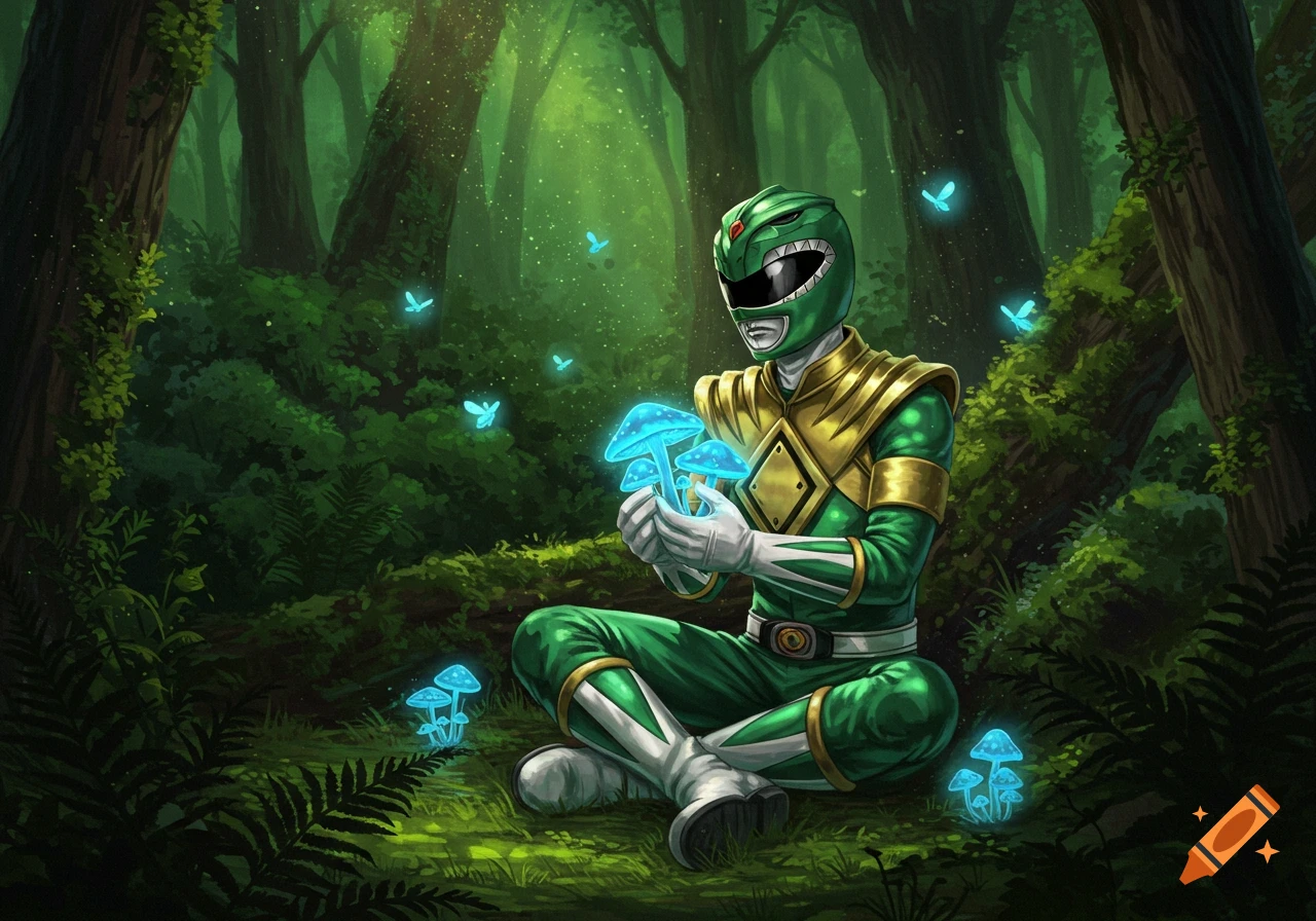 The Green Power Ranger sits cross-legged in a magical forest, holding glowing blue mushrooms as blue butterflies float around.