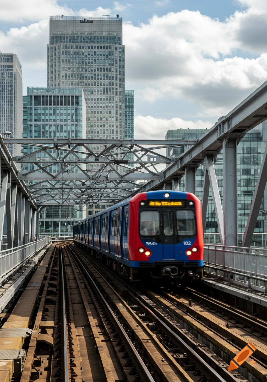A red and blue Docklands Light Railway train travels on an elevated track with modern skyscrapers in the background under a cloudy sky.