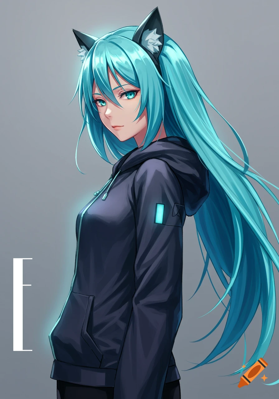 Anime girl with long aqua hair, cat ears, and a navy gray hoodie, looking cool and confident.