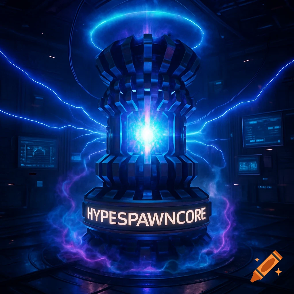Futuristic power core glowing with blue and purple energy, labeled HYPESPAWNCORE, in a dark sci-fi lab.
