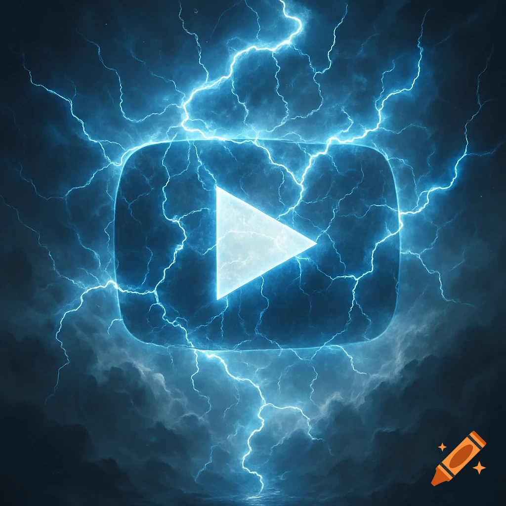 A glowing blue YouTube play button logo surrounded by bright blue lightning bolts and dark, stormy clouds.