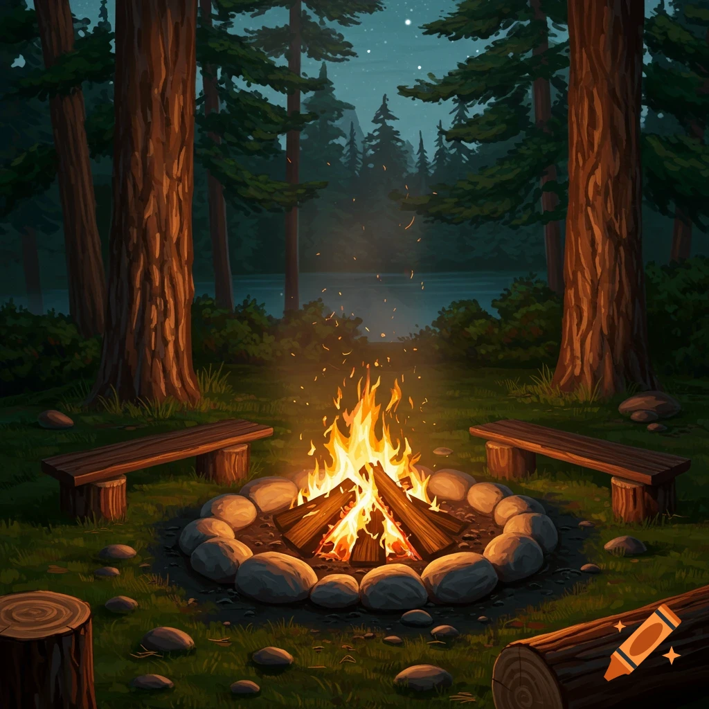 A stylized illustration of a campfire in a dark forest at night, with two benches and a lake in the background.